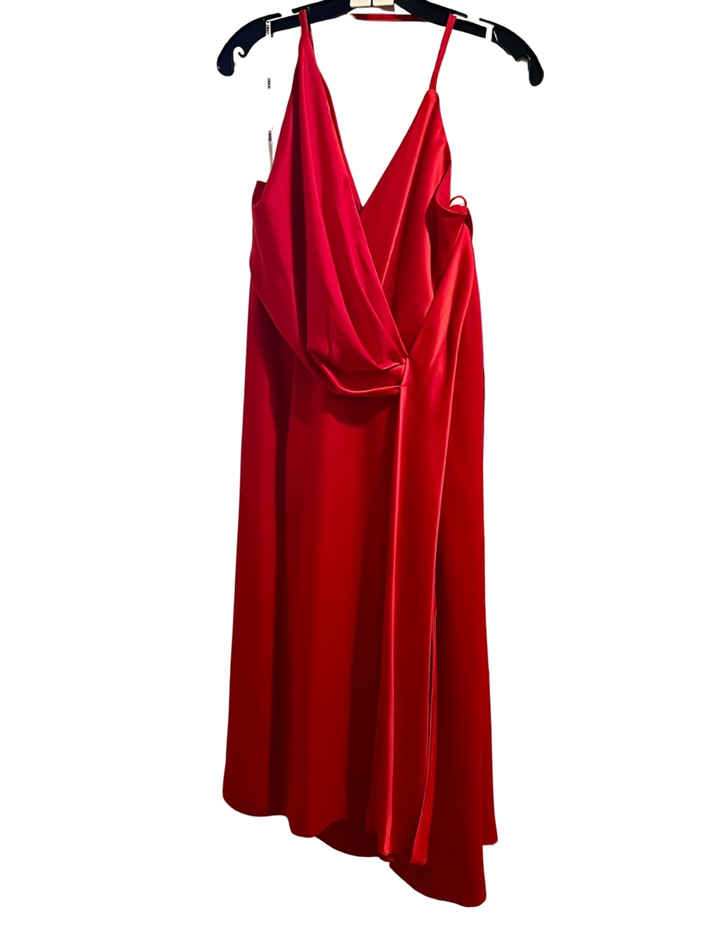 ASOS Red Satin Asymmetrical Midi Dress with Draped Front